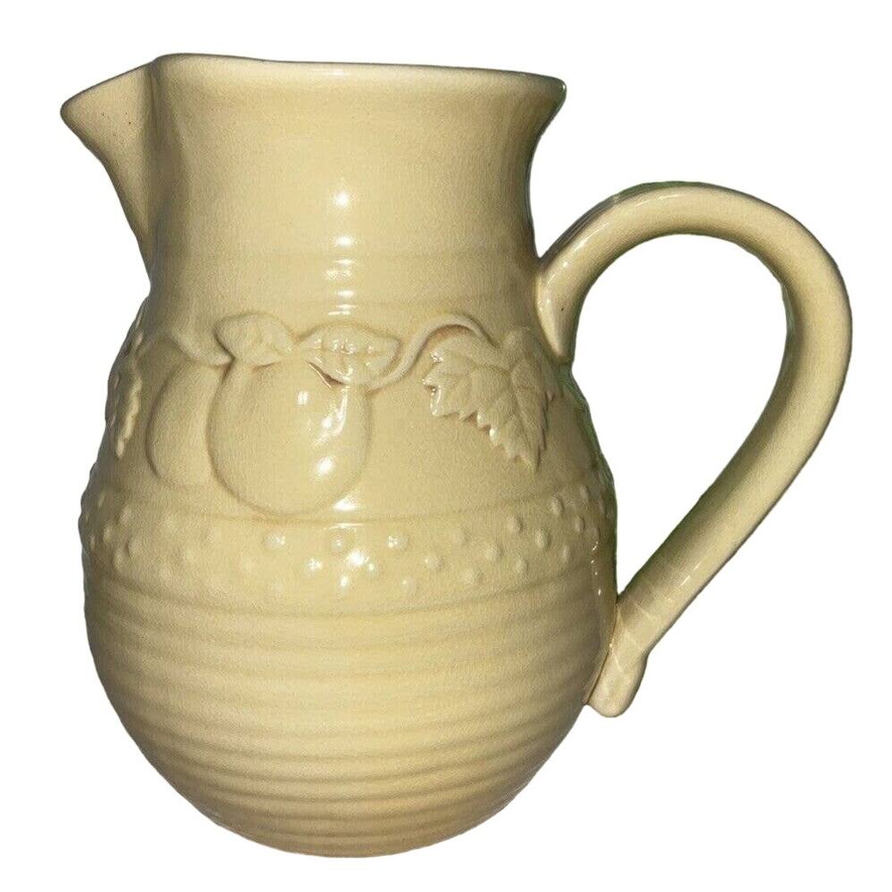 Stoneware Embossed Fruit Pitcher 7" Rustic Farmhouse Beige Cream Vintage